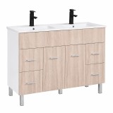 Dulap de baie Leziter Neo 120 cu chiuveta dubla, alb si stejar sonoma