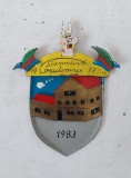 Placă metalică decorativă, obiect comemorativ / scut dintr-un grup german &bdquo;Stammtisch, cu Obelix / Asterix, 11x9cm