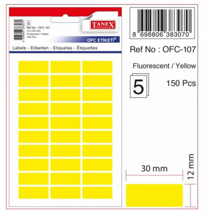 Etichete Autoadezive Color, 12 X 30 Mm, 150 Buc/set, Tanex - Galben Fluorescent