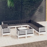 Set mobilier grădină cu perne, 14 piese, alb, lemn masiv pin