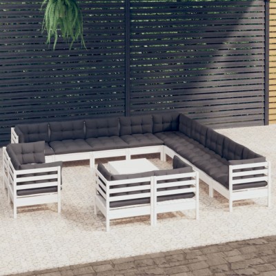 vidaXL Set mobilier grădină cu perne, 14 piese, alb, lemn masiv pin 3096966 foto