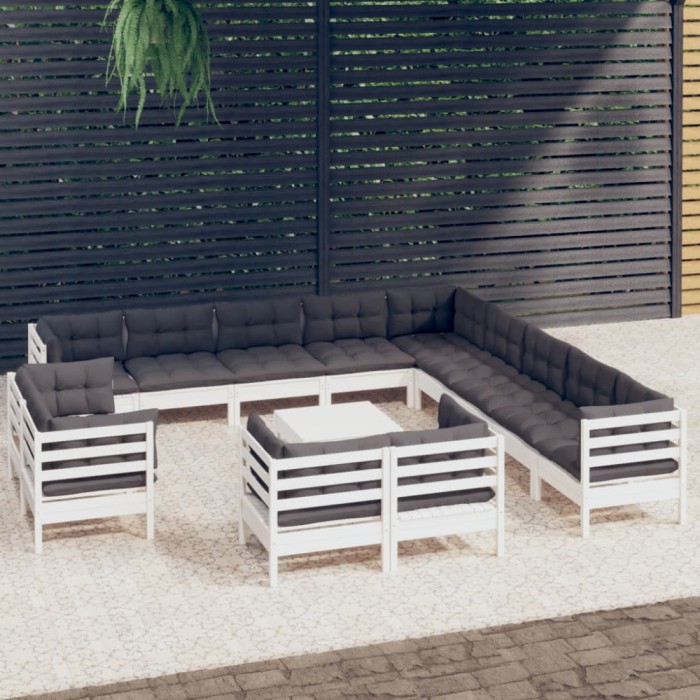 vidaXL Set mobilier grădină cu perne, 14 piese, alb, lemn masiv pin 3096966
