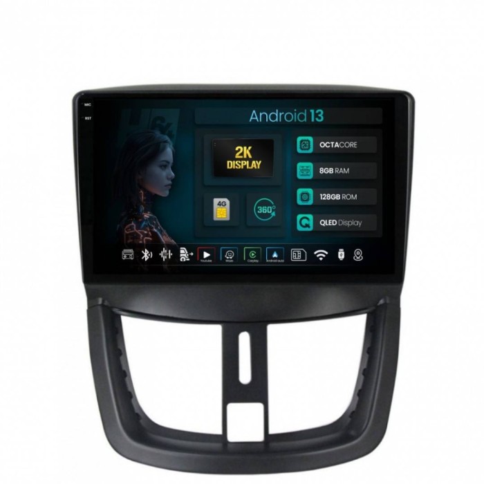 Navigatie 2K Peugeot 207 8GB RAM Android 13 Octacore Slot Sim 4G DSP GPS Wi-FI Carplay Android Auto USB Bluetooth Waze Touchscreen 9.5 Inch