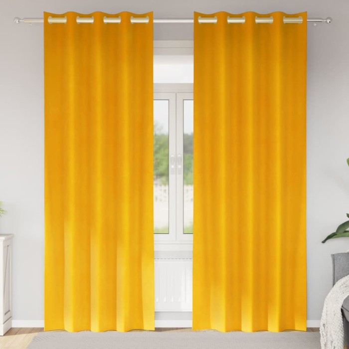 Draperii opace cu ocheți, 2 buc., galben muștar, catifea