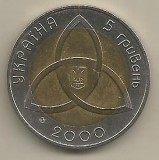 UCRAINA 5 HRIVNE 2000 BIMETAL MILLENIUM , KM 104 , XF++ / a UNC - in capsula, Europa, Cupru-Nichel