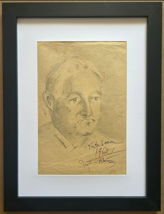 Tablou 1962 Portret Bărbat Bucovinean grafică &icirc;n cărbune și tuș inramat 35x46cm