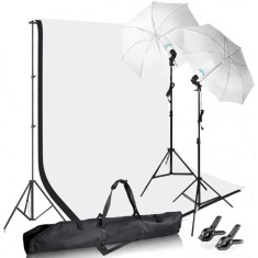 Kit studio foto,lumini,2 umbrele,suport fundal 2x3m,2 becuri 150W, 2 panze fundal alb,negru