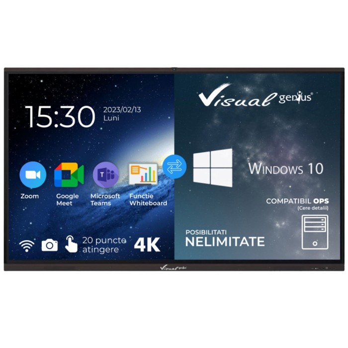 Display interactiv de 86&rdquo; 4K, VISUAL Genius, Android 13, 8GB DDR4, 128GB memorie, 20 puncte de atingere, soft limba romana