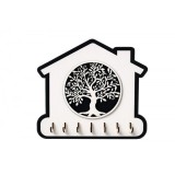 Cuier chei personalizat casă &ndash; HDF alb, model Arborele Vieții, 7 c&acirc;rlige, 30x20 cm