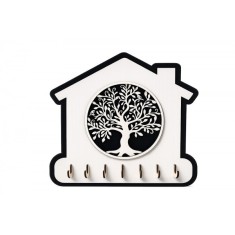 Cuier chei personalizat casă &ndash; HDF alb, model Arborele Vieții, 7 c&acirc;rlige, 30x20 cm