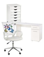Set mobilier birou copii HM Lima B1, PAL lucios, spatii depozitare, cu scaun HM Ibis Butterfly, stofa piele ecologica, 100 kg si dulapior rulant HM Si