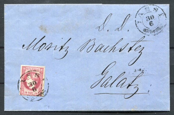 1868 , Lp 24 a , Plic circulat francat cu o marca 18 Bani carmin tip1 , Iassi 30/6 - Galati 2/7