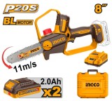Fierastrau Electric de Mana 20V 20cm (8") Brushless INGCO CGSLI20882E, viteza lant 11 m/s, ungere automata, 2 acumulatori 2Ah + incarcator + cutie tra