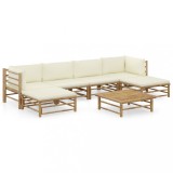 Set mobilier gradina Gossi, 7 piese, bambus, perne alb crem, canapele, taburet, masa