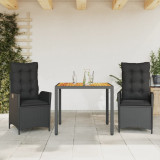 VidaXL Set mobilier de grădină cu perne, 3 piese, negru, poliratan