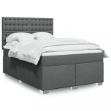 VidaXL Pat box spring cu saltea, gri &icirc;nchis, 140x190 cm, textil