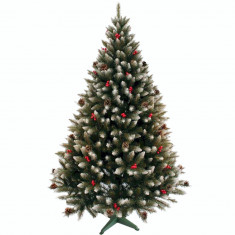 Brad Artificial de Craciun Molid HollyCone cu Fructe Rosii si Conuri Naturale, Verde cu Varfuri Albe 180cm