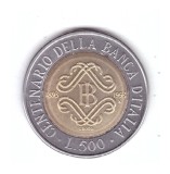 Moneda Italia 500 lire 1993, comemorativa Centenarul Bancii Italiei, stare foarte buna, curata
