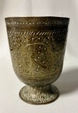 Potir Vechi din Bronz Gravat cu Păuni și Figuri Mitologice &ndash; Lucrare Orientală (cca. 1920&ndash;1930)
