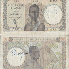 1943 ( 17 VIII ) , 25 francs ( P-38a.1 ) - Africa de Vest Franceză