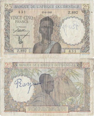 1943 ( 17 VIII ) , 25 francs ( P-38a.1 ) - Africa de Vest Franceză foto