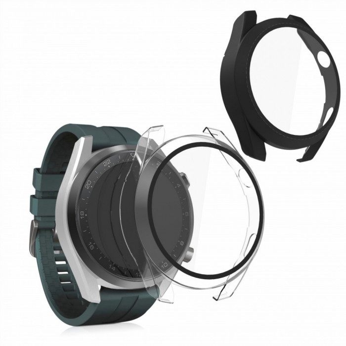 Set 2 Huse pentru Huawei Watch 3 Pro, kwmobile, Sticla securizata, Negru / Transparent, 55794.01