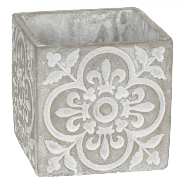 Masca Ghiveci Flori, Model Ceramic, Ciment, Culoare Alb Gri, Dimensiuni 14x14x14cm, Capacitate 2L