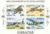 Gibraltar 1998,transporturi,regalitate,aviatie, bloc dantelat,4 val.MNH,Mi.Bl.33