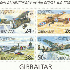 Gibraltar 1998,transporturi,regalitate,aviatie, bloc dantelat,4 val.MNH,Mi.Bl.33