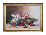 Cumpara ieftin Tablou pictat manual inramat, Cos cu maci si margarete, 80x60cm ulei pe panza rama din lemn, Geo Ungureanu