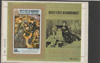 Qu&amp;#039;Aiti State in Hadhramaut 1967-Arta,Repr.de Arta,Renoir,Umbrele,MNH,Mi Bl 17B foto