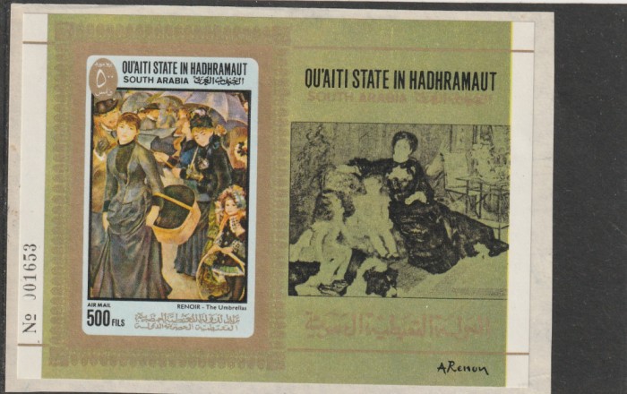 Qu&#039;Aiti State in Hadhramaut 1967-Arta,Repr.de Arta,Renoir,Umbrele,MNH,Mi Bl 17B