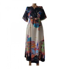 Rochie lunga cu imprimeu multicolor, talie elastica si cordon detasabil, marime M