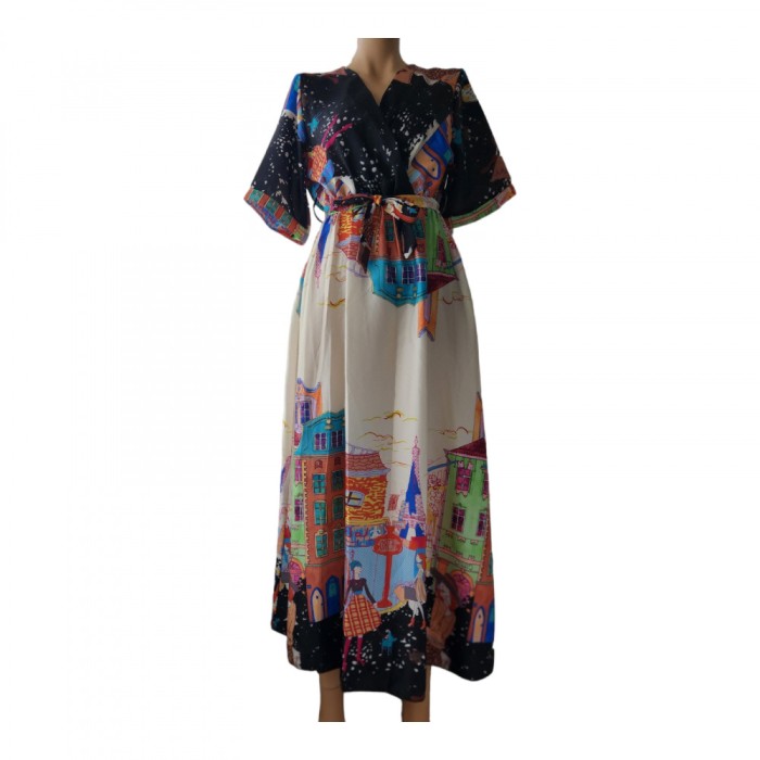 Rochie lunga cu imprimeu multicolor, talie elastica si cordon detasabil, marime M