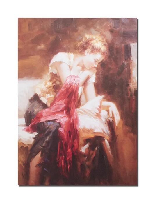 Tablou canvas, Tanara cu esarfa rosie, 70x50cm, gata de agatat pe perete