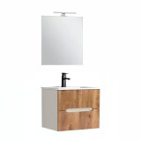 Cumpara ieftin Trent mobilier de baie 60 cm chiuvetă ceramică (2 sertare) cu oglindă 60x80 cm stejar alb-sunset