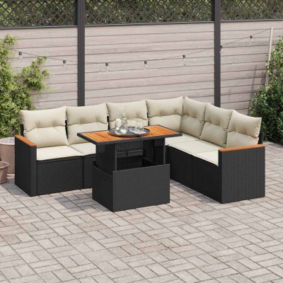 vidaXL Set canapele grădină perne 7 piese negru, poliratan/lemn acacia 3327493 foto