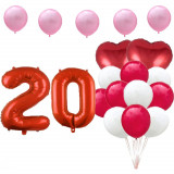 Set de 17 baloane pentru aniversarea de 20 de ani, cu 15 baloane din latex roz, albe si rosii si 2 baloane inimioara din folie, ideal pentru o petrece