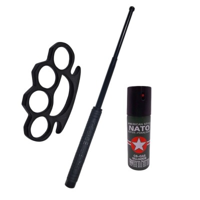 Set 3 accesorii autoaparare DEPOX&amp;reg;, baston telescopic otel, 50 cm, box si spray paralizant iritant foto