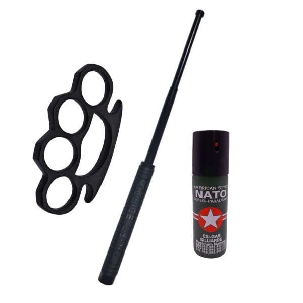 Set 3 accesorii autoaparare DEPOX&reg;, baston telescopic otel, 50 cm, box si spray paralizant iritant