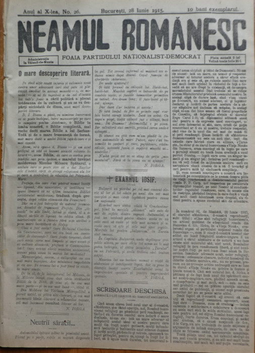 Ziarul Neamul romanesc , nr. 26 , 1915 , din perioada antisemita a lui N. Iorga