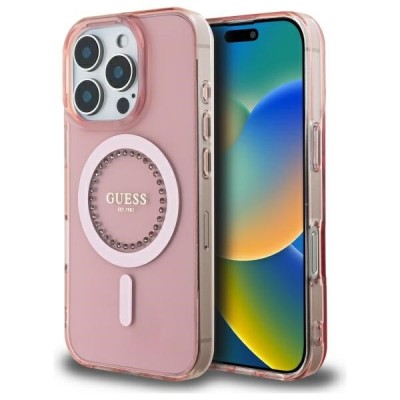 Husa MagSafe pentru Apple iPhone 16 Pro, Guess, IML Rhinestone, Roz foto