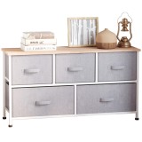 HOMCOM Comodă mobilier de depozitare 100 x 30 x 54 cm 5 sertare netesut gri structură oțel alb lemn deschis | Aosom Romania