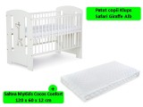 Patut Klups Safari Giraffe Alb 120x60cm + Saltea Cocos Confort II, Reglabil, Sigur, Antialergic