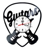 Ceas de perete decorativ realizat din disc de vinil, Model Chitare Electrice Pena Guitars Rock, Negru, 30 cm