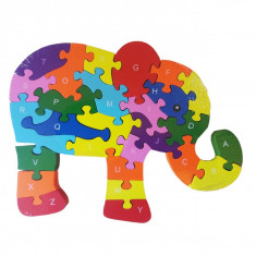 Puzzle 3D din lemn pentru copii cu Alfabet si Cifre, Elefant, 26 piese, 26 cm, 18004SX
