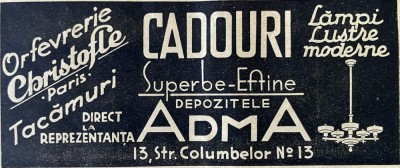 1931 Reclamă rom&amp;acirc;nească Depozitele ADMA orfevrarie Christofle tacamuri lampi lustre Bucuresti interbelic Str. Columbelor Nr. 13 comert romanesc foto
