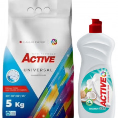 Detergent Universal de rufe pudra Active, sac 5kg, 68 spalari + Detergent de vase lichid Active, 0.5 litri, cocos
