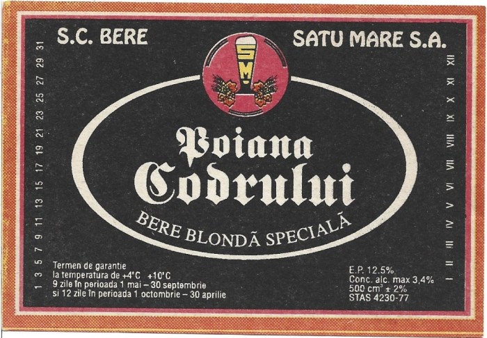 NI423 Etichetă bere blondă specială Poiana codrului, SC Bere Satu Mare SA, &icirc;nceputul anilor 1990