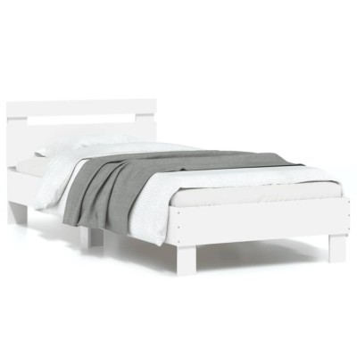 vidaXL Cadru de pat cu tăblie și lumini LED, alb, 90x190 cm 838743 foto